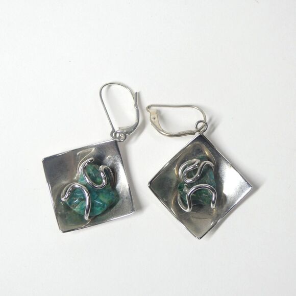 Handmade Modernist Silvertone Earrings w/Raw Turquoise Stone Square Abstract Art - Picture 1 of 6